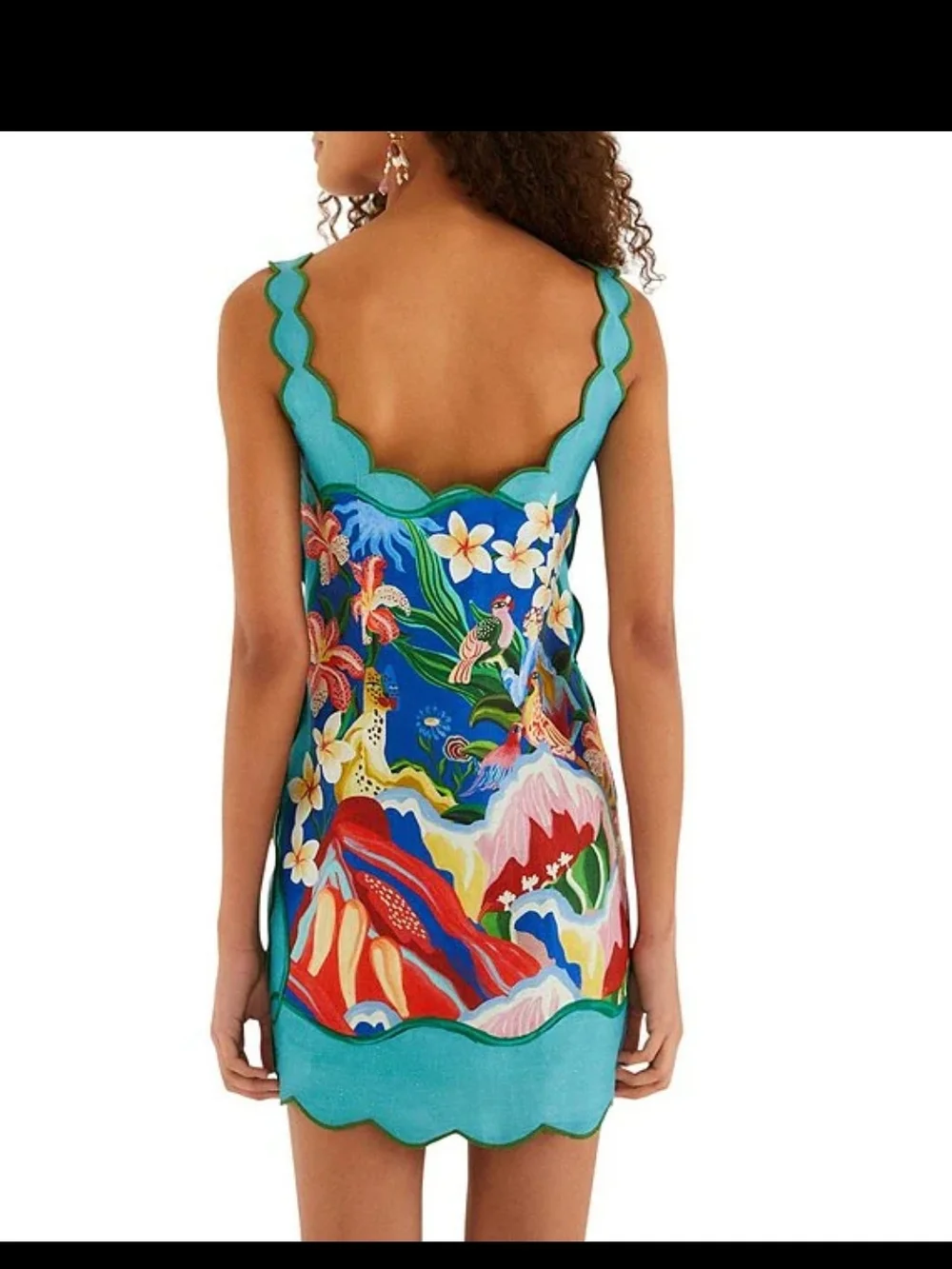 Floral Tropical Scallop-Edge Slip Dress - Turquoise Blue